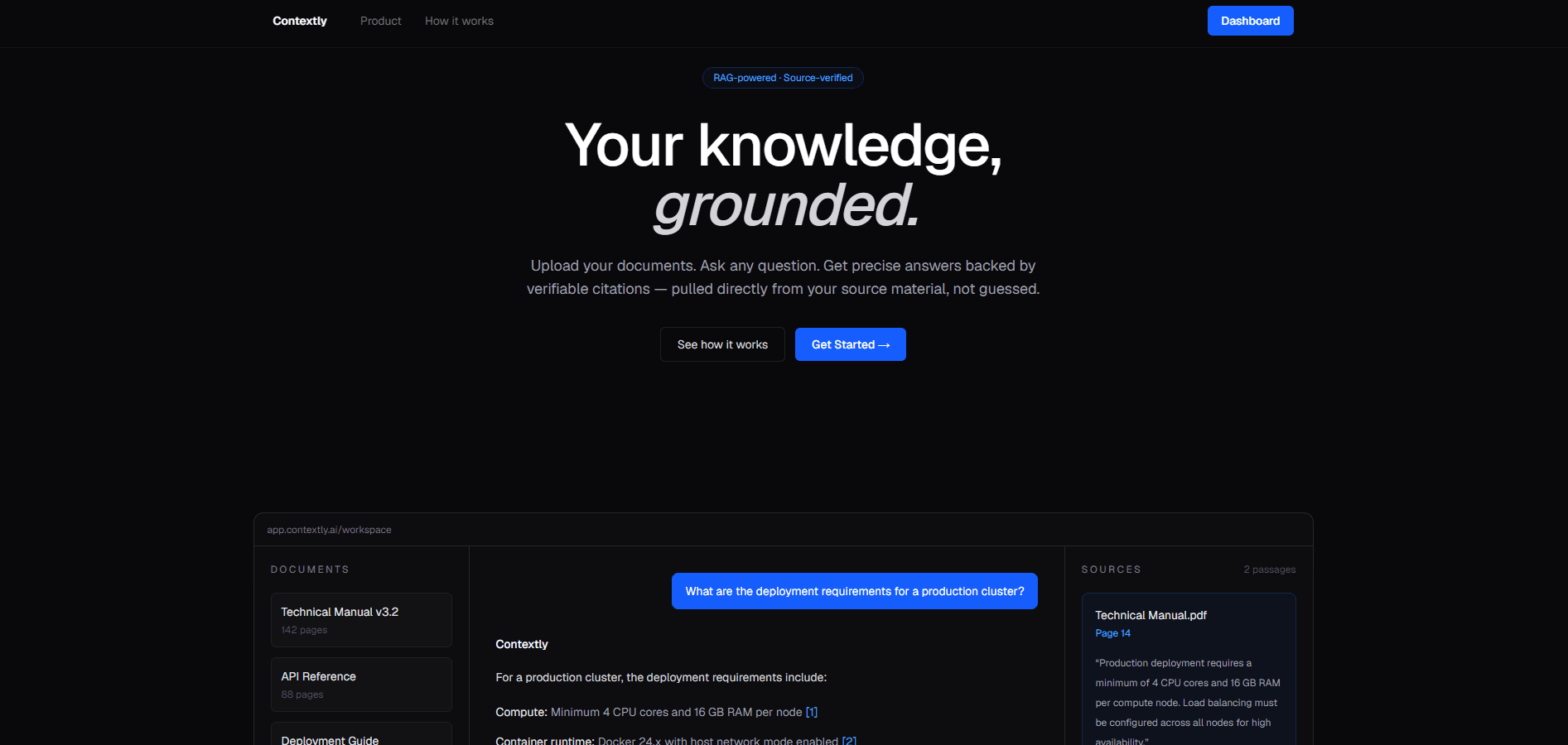 Contextly's live landing page with a preview of document questions and cited sources.
